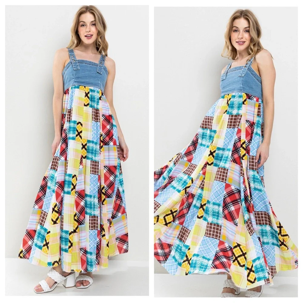 24 Fabulous Denim Multi Fabric Pleated Suspender Maxi Dress - Picture 4 of 5